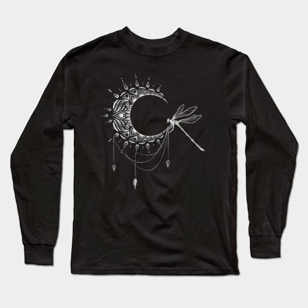 Intricate Half Crescent Moon with Dragonfly Tattoo Design Long Sleeve T-Shirt by Tred85